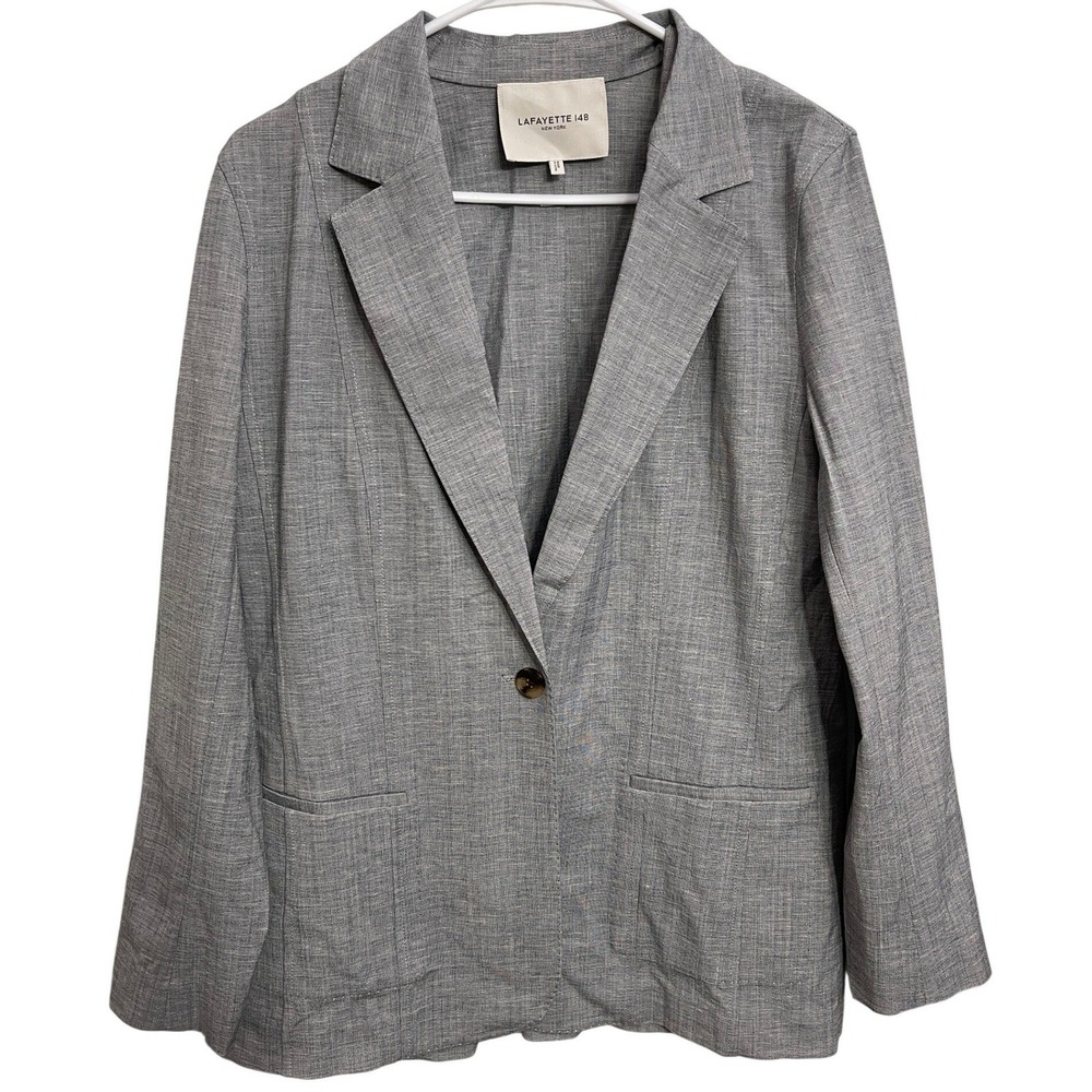 Lafayette 148 Gray Virgin Wool Linen Blend‎ Tailored Blazer Size M Old Money